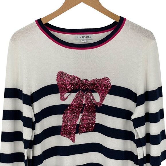 Kim Rogers Intarsia Stripe Crewneck Sweater Sequin Bow Graphic White Blue Large - Picture 3 of 11